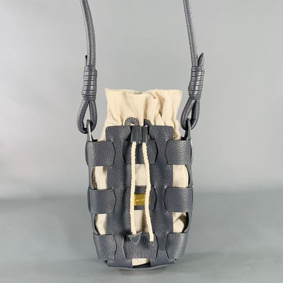 MICHU Grey Cream Woven Leather Cotton Crossbody Drawstring Handbag - Picture 1 of 5